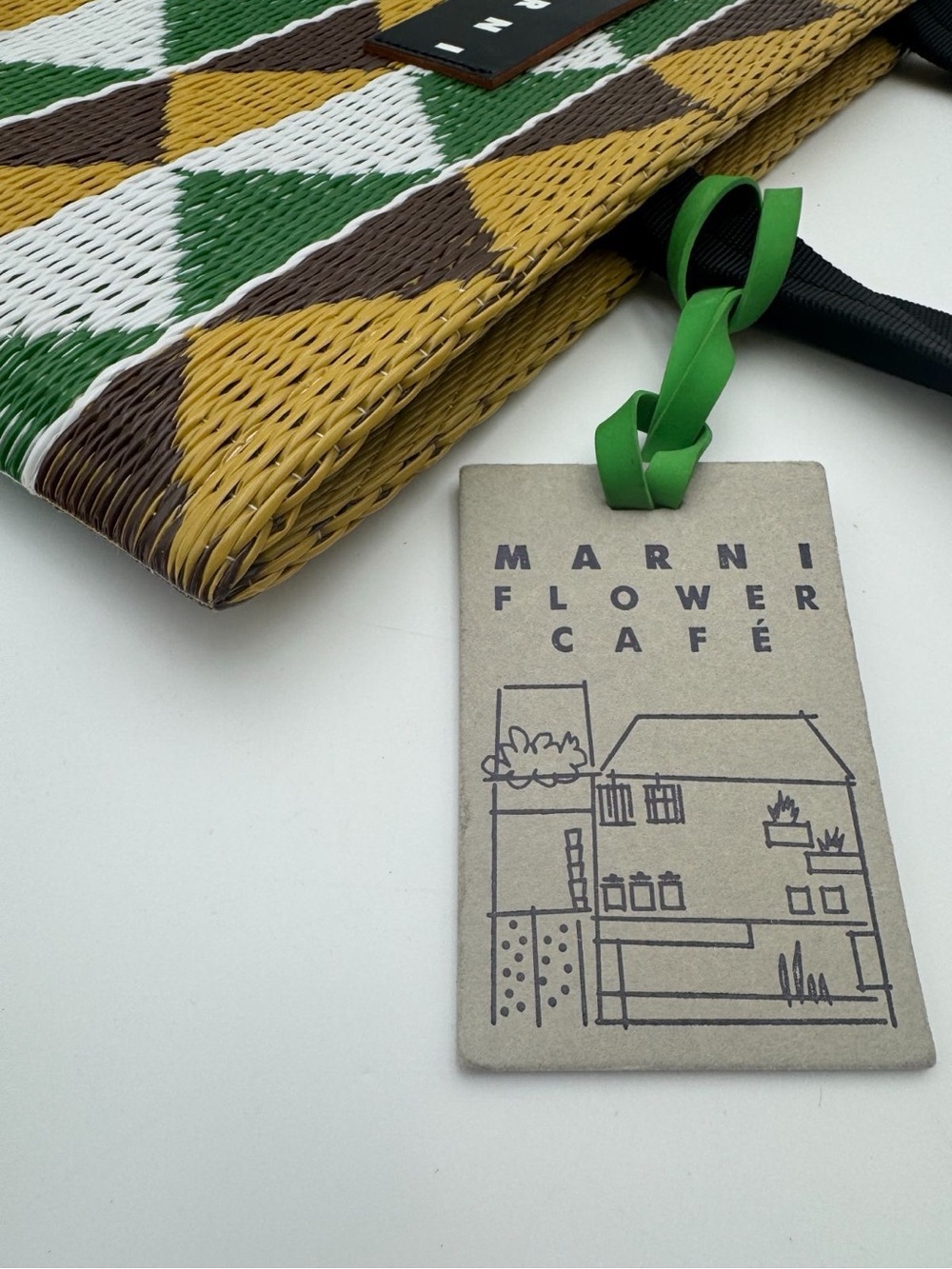 Marni Market Flower Café Geometric Woven Tote Bag Made Japan Green Yellow Brown - Picture 7 of 12